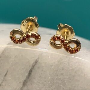 10k Gold + Ruby CZ Infinity Stud Earrings With Screw Backs. REAL GOLD